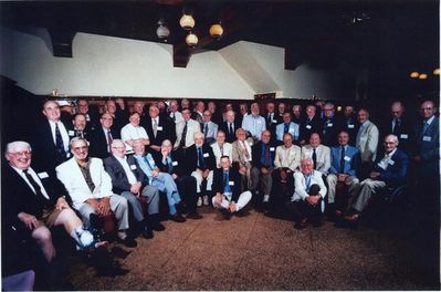 Reunion 1999 - Albany
Group photo taken in the Boulevard Cafeteria.  Help needed with IDs
Seated on floor, L to R: #46  Robert Fairbanks, `64;  #47  Claude Palczak, `53;
First Row, Seated, L to R:  #1 Tom Mitchell, `53;  #2 Unidentified;  #3 Bob Umholtz, `51;  #4 Alfred Basch, `31;
#5 Grenfell Rand, `34;  #6 Ted Bayer, `52;  #7 Michael Lamanna, 51;  #8 Harry Johnson, `52;  #9 John Centra, `54; #10 Joe Stella, 54; #11 Jim Finnen, `54; #12 Peter McManus, `54; #13 Franklin Hansen, `43;
Second Row, Standing, L to R: #15 Fran Rogers, `54; #16 Unk; #17 Bob Lanni, `52; #18 Ray Gibb, `53; #19 Paul Ward, `53; #20 Arnie Dansky, `52; #21 Harold Smith, `53; #22 Ray Champlin, `52; #23 Gerry Holzman, `54; #24 Tom Benenati, `53; #25 Bernard McEvoy, `57; #26 Unk; #27 Frank Candito, `58?; #28 Unk; 
Third Row, L to R: #29 Milan Krchniak, 53 (partially hidden); #30 Joe Dolan?, `53; #31 Unk; #32 Unk; #34 Peter Telfer, `53; #35 Unk; #36 Tom Yole, `52; #37 Fran Streeter, `53; #38 Unk; #39 Jim Panton, `53; #40 Unk; #41 Unk;
#42 Unk; #43 George Wood, `54; #44 Joe McCormack?, `53; #45 Unk
