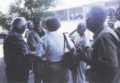 2002 Saratoga Springs Reunion
Boarding the Bus.
L to R: Unknown man; (in back) Al Kaehn, `52; Bernard McEvoy, `57; Unknown woman (back to camera); Barbara Strack McEvoy, `57; Bob Sage, `55 
