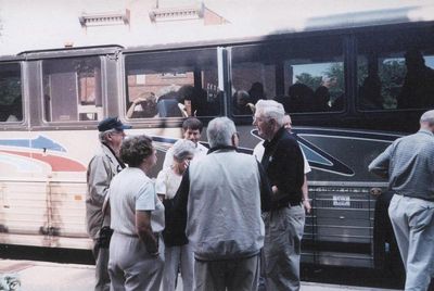 2002 Saratoga Springs Reunion
Boarding the Bus.
L to R: Bernard McEvoy, `57; (back to camera) Unknown woman; Barbara Strack McEvoy, `57; (back to camera) Unknown man; Fran Streeter, `55
