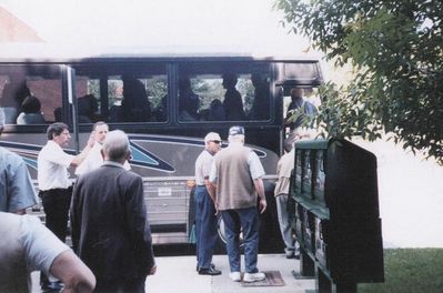 2002 Saratoga Springs Reunion
Boarding the Bus.
ID help needed.  Unknown man with back to camera.  Bob Giammatteo, `53; Ted Bayer?, `51
