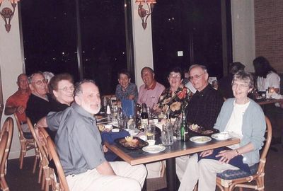 2004 Fort Meyers Beach February Mini Reunion of `53
Clockwise from front: Mike Lamarca; Barbara Smith; Tom Benenati; (hidden) Lyn Bonahue; Bob Giammatteo; Cathy Giammatteo; Ed Bonahue; Vivian Schiro Benenati, `56; Hal Smith; Joan LaMarca
