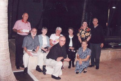2004 Fort Meyers Beach February Mini Reunion of `53
In front: Hal Smith and Cathy Giammatteo;
L to R: Ed Bonahue; Mike LaMarca; Joan LaMarca; Lyn Bonahue; Barbara Smith; Vivian Schiro Benenati, `56; Tom Bebenati
