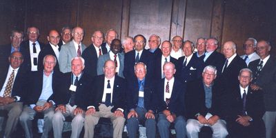 Mayville Potter Reunion - 2005 Group
Seated, L to R: John Centra, `54; Peter Telfer, `53; Claude Palczak, `54; Jim Finnen, `54; Paul Ward, `53; Tom Yole, `52; Jim Sweet, `56; Bob Sage, `55
Standing, L to R: Jim McCormack, `57; Jack Higham, `57; Pat Pearson, `65; Herb Egert, `53; George Wood, `54; Bob Lanni, `52; Jim Panton, `53; Dan Joy, `52; Austin Leahy, `57; David Sully, `66; Harold Johnson, `51; Robert Giammatteo, `53; George Schaertl, 52; Tom Benenati, `53; Bill Lindberg, `55; Bernard McEvoy, `57; Ray Champlin, `52; John Benton, `57; and Harold Smith, `53
