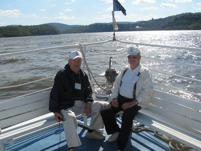 2010 Tours Boat
Jim Finnen, `54 and Jack Higham, `57.  
West Point in view in the background.
