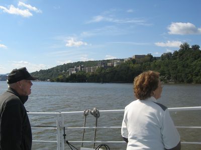 2010 Tours Boat
"Navy" man Bob Sage, `55 and Barbara Smith view West Point from the Pride of the Hudson.
