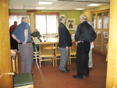 2008 Albany Luncheon at Potter Room, Alumni House April 08
From the entrance to Potter Memorial Room: L to r: Paul Ward; Bob Umholtz, (seated at table at rear);Ken Doran; Bob Lanni; and Howard Lynch (hidden behind Lanni)
