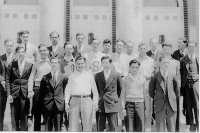 Potter Club Early Days 1934-1935
Potter Club - May 22, 1934
Front Row, L to R: Samuel Dorrance, `32; John Murphy, `37; Thomas Breen, `37; Robert Foland, `36; James Dolan, `34
Second Row: James Beale, `37; Frederick Stunt, `37; W. Kenneth Christian, `35; Richard Margison, 36; John P. Cullen, `37; Carlton Coulter, `35; Evan Pritchard, `36; Charles H. Robson, Jr., `34
Third Row: Thurston Paul, `35; Robert Stern, `35; James VanderPoel, `37, Author of Potter Song Music; Robert Benedict, `37; Clarence Sackey, `36; W. James Zubon, `38; Robert MacGregor, `37; Theodore Eckert, `34; Frederic Lauder, `37
Picture provided by Carlton Coulter
