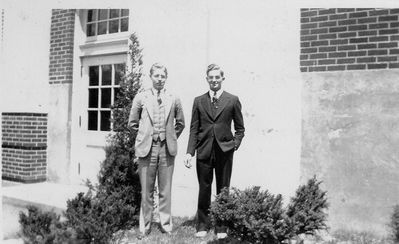 Potter Club Early Days 1934-1935
Raymond Hughes, `36, Author of Potter Song words; Carlton Coulter, Pres., `35.  
Picture taken, May 1937, at Schoharie Central School where both taught.
Picture provided by Carlton Coulter
